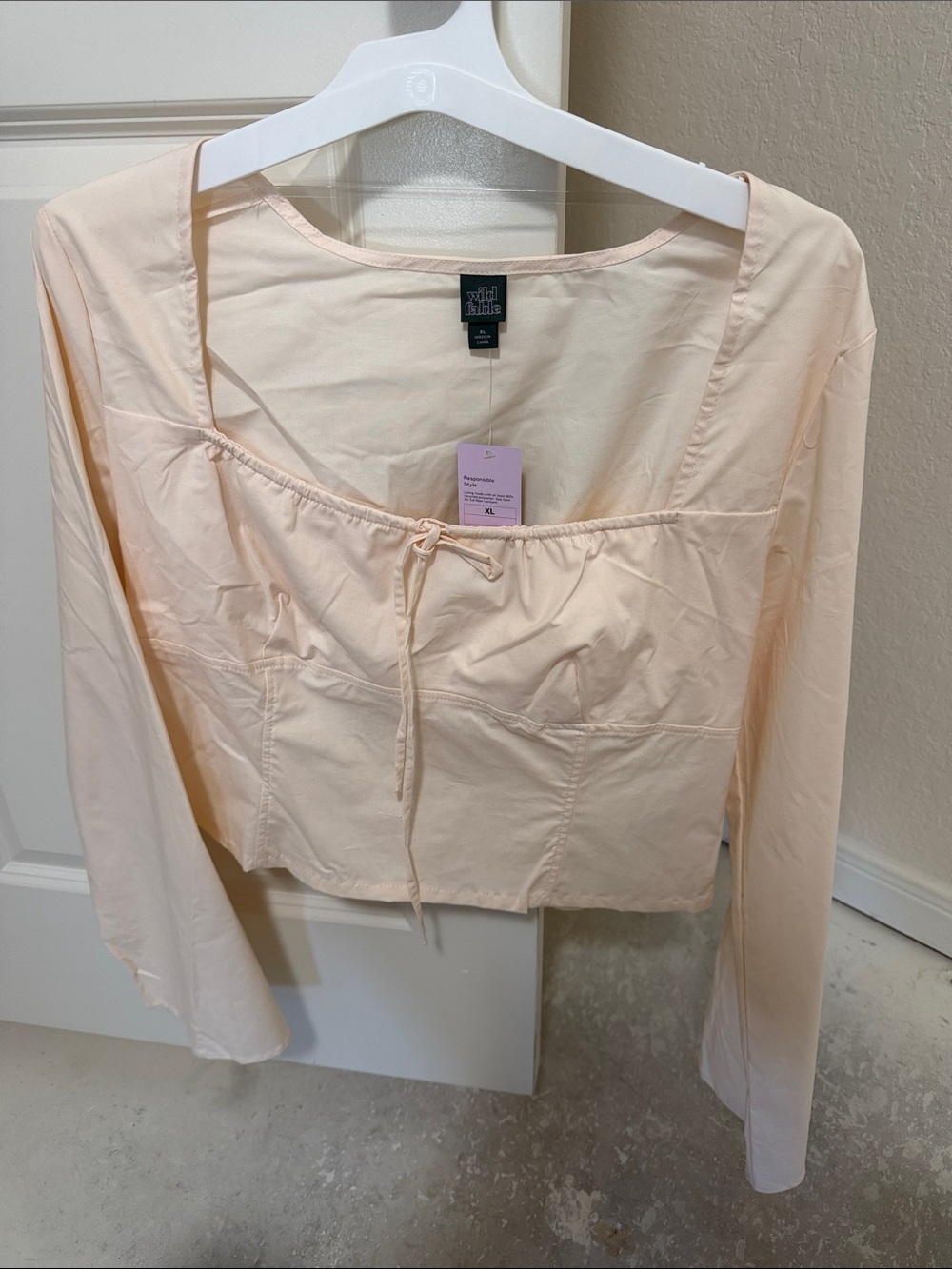wild fable Light Peach Long-Sleeve Cropped Tie-Front Top